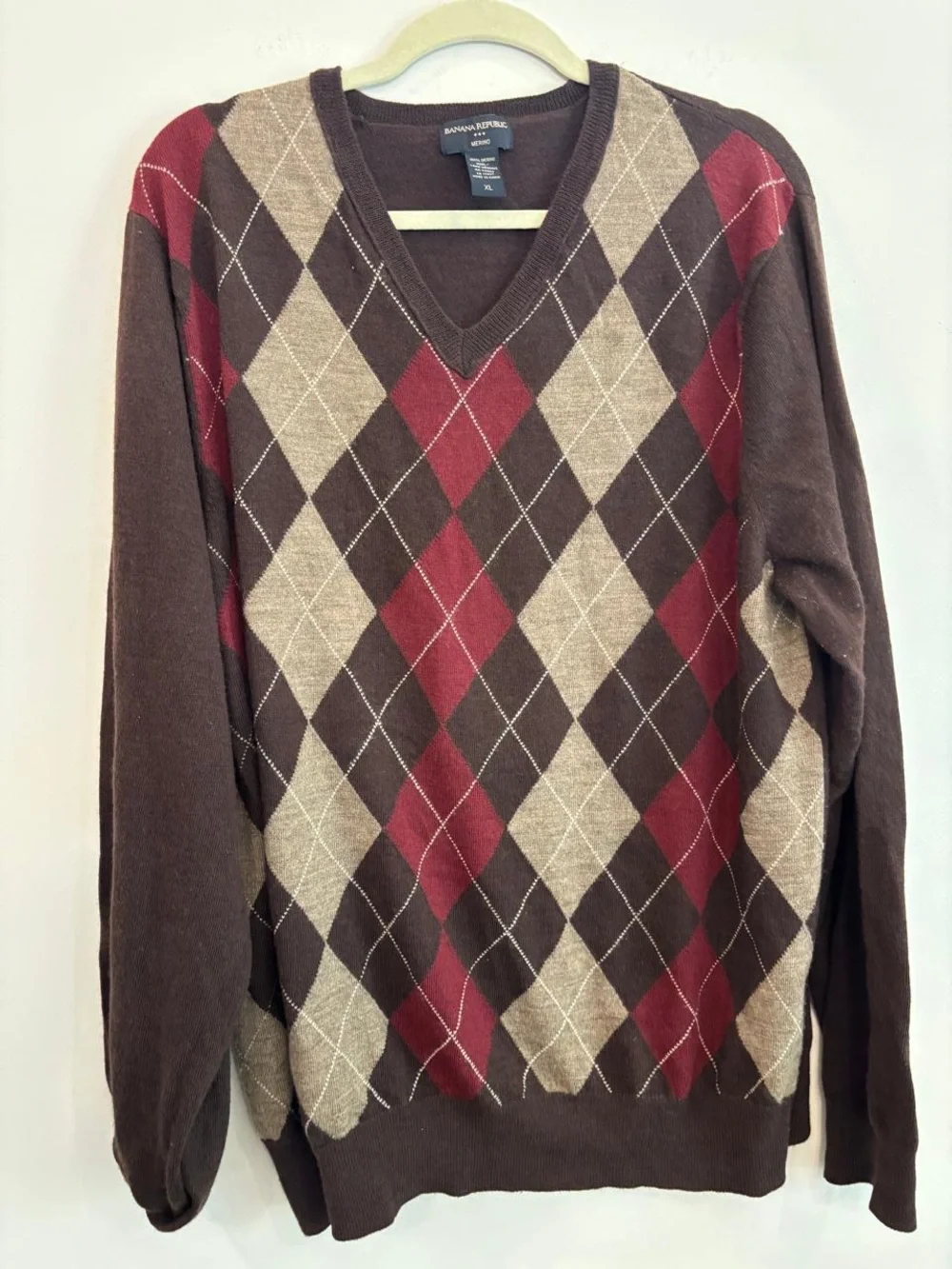 Banana Republic Argyle Merino Wool Sweater V-Neck Brown Plaid Men XL #E04A
